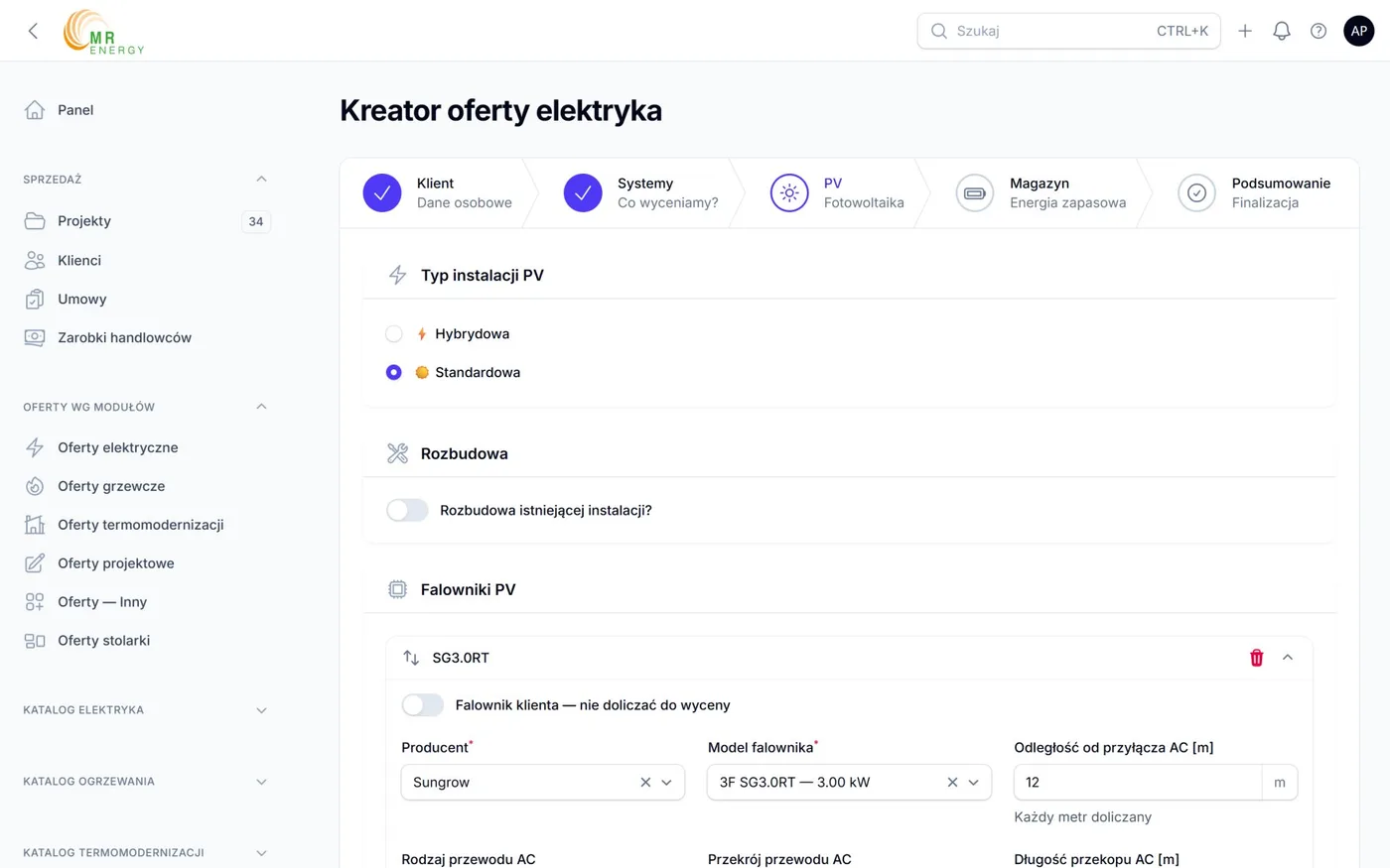 Kreator oferty elektryka — krok konfiguracji instalacji fotowoltaicznej