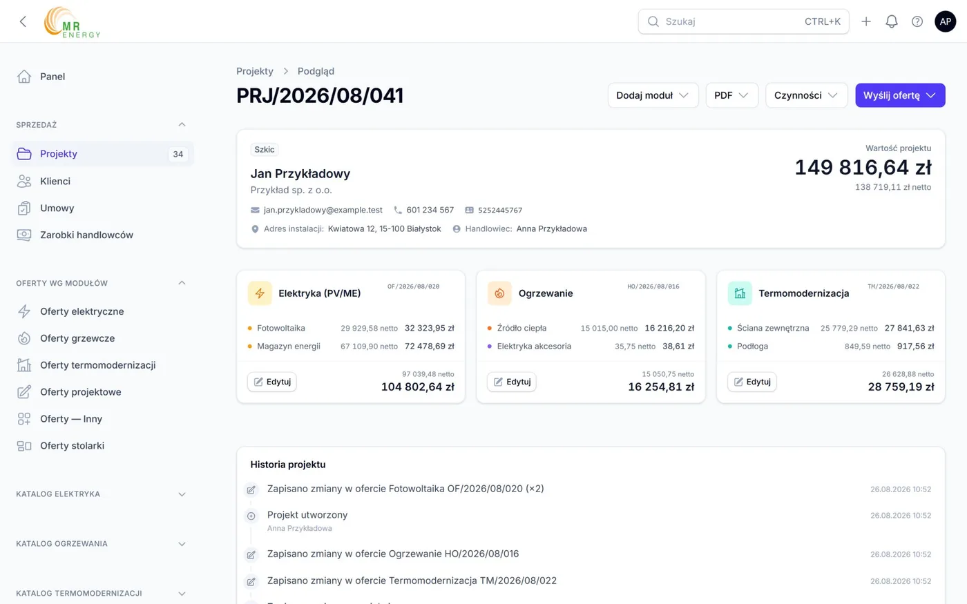 Karta projektu z trzema ofertami z różnych działów i osią zdarzeń